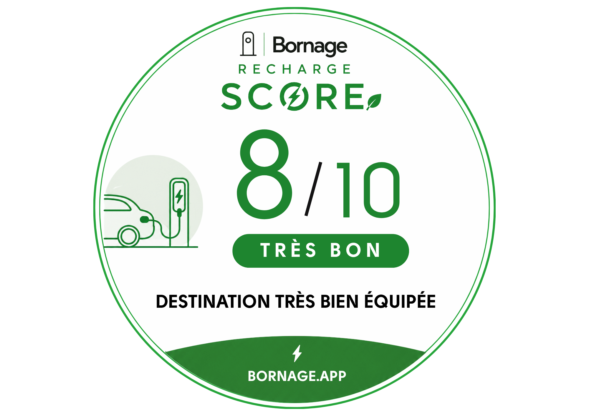 Exemple de badge Bornage Recharge Score pour une destination notée 8 sur 10